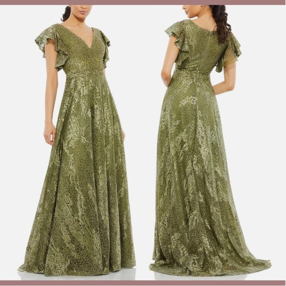 NWT $798 Mac Duggal [ 16‎ ] Embroidered Flutter Sleeve V-Neck Gown Olive Green - Picture 1 of 16